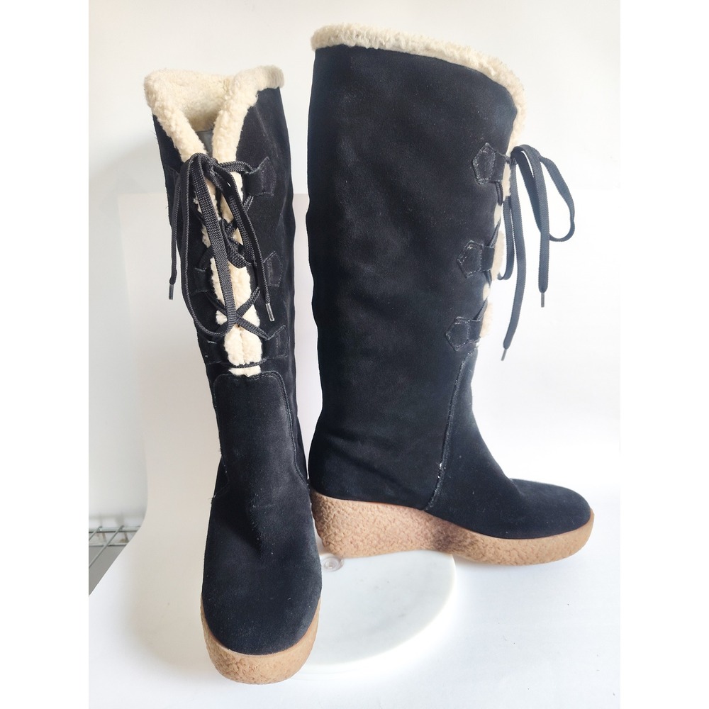 Michael Kors Boots Knee High 8 Suede Shearling Lined Lace Up Winter Wedge Black
